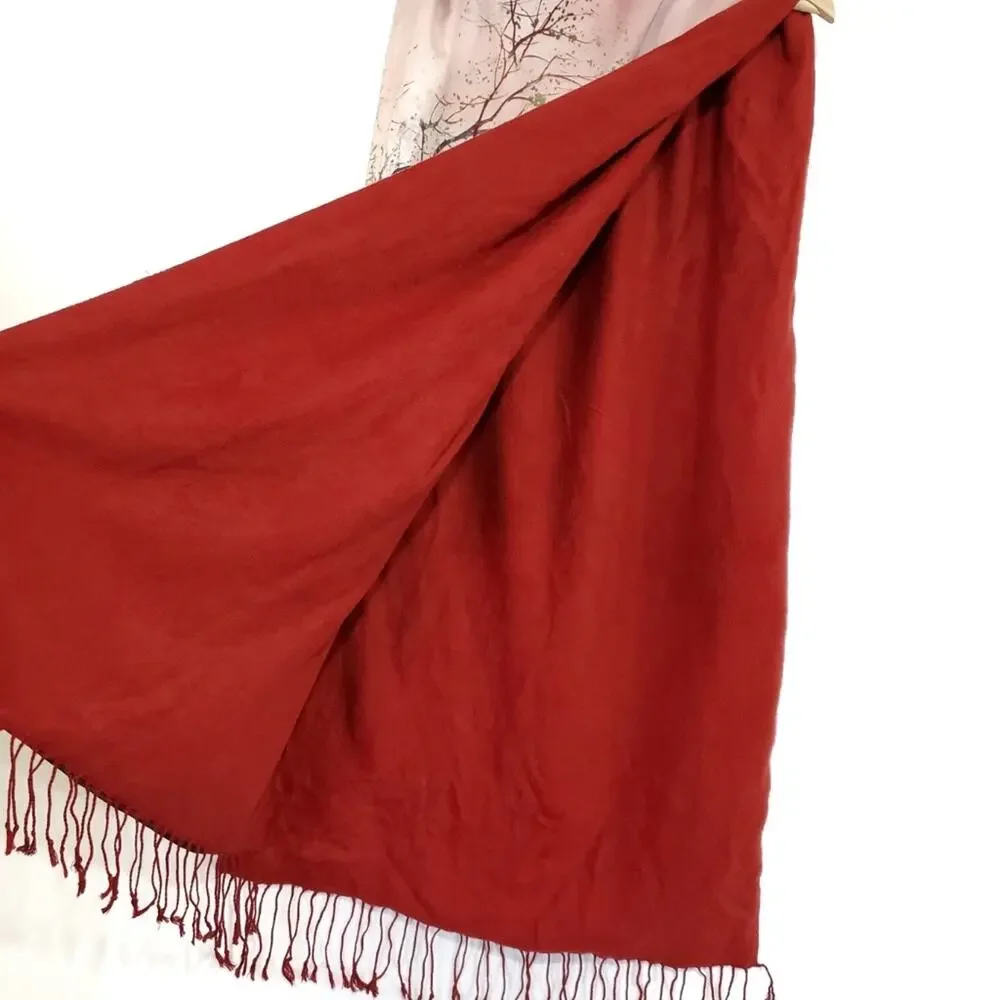 Beautiful Printed Silk Scarf Village Painting Watercolor Fringe Artwork
